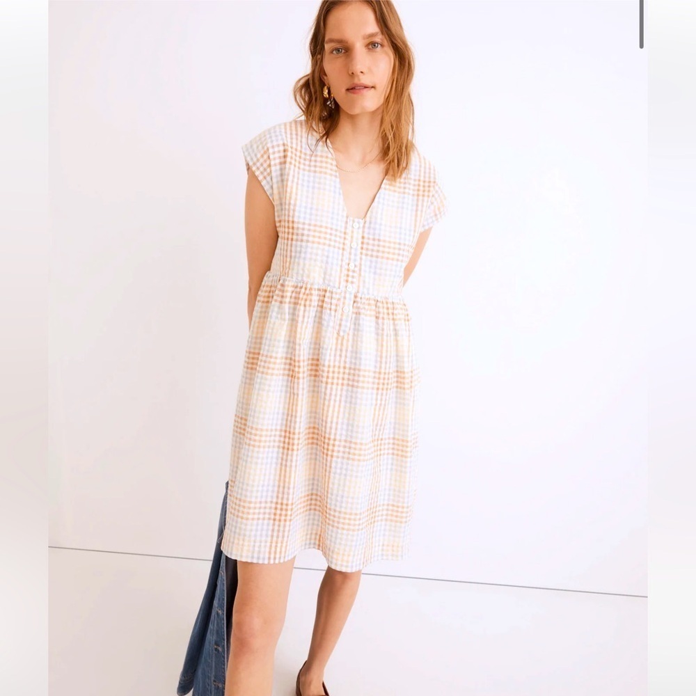 Women’s MADEWELL Cap-Sleeve Button-Front Mini Dress in Plaid- Size XS